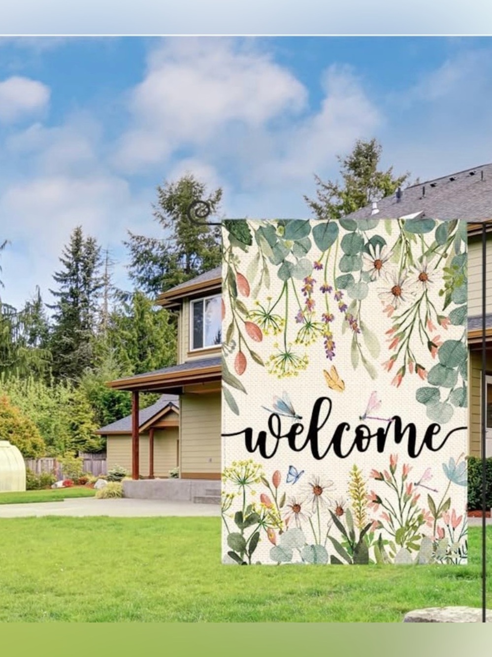 Botanical 'Welcome' Flag with dragonflies in Cream and Green